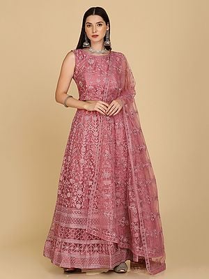 Dusty-Pink Net Scroll Motif Embroidered Lehenga Choli with Thread Work and Matching Dupatta