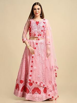 Light-Pink Net Embroidered Lehenga Choli With Laddi-Floral Motif Thread Work And Net Dupatta