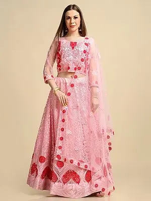 Light-Pink Net Embroidered Lehenga Choli with Laddi-Floral Motif Thread Work and Net Dupatta