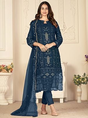 Georgette Lawn Salwar Suit with Floral Thread-Sequins Embroidery and Scalloped Pattern Net Dupatta