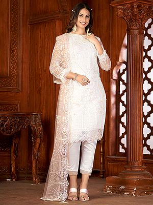 Net Lawn Style Salwar Suit With Thread-Sequins  Floral Embroidery And Scalloped Pattern Net Dupatta