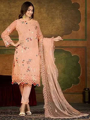 Georgette Lawn Suits with All-Over Floral Meena Thread-Sequins Embroidery and Ruffle Net Dupatta