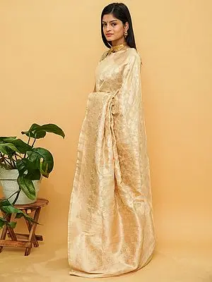 Afterglow Pure Katan Silk Phool Bail Pattern Banarasi Saree and Mughal Motif on Pallu