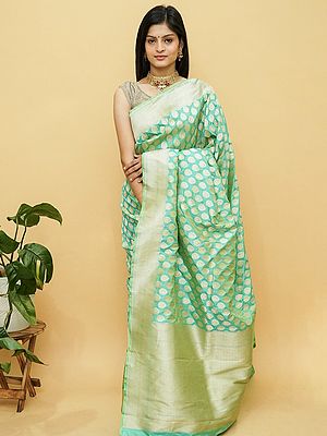 Ice-Green Banarasi Pure Katan Silk Saree With All-Over Floral Drop Motif And Diamond Pattern On Border-Pallu