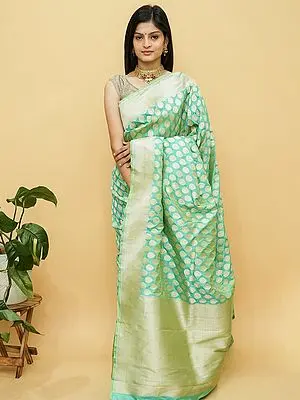 Ice-Green Banarasi Pure Katan Silk Saree with Floral Drop Motif and Diamond Pattern on Border-Pallu