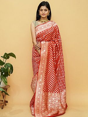 Red Banarasi Pure Katan Silk Saree With Floral Butta On Body And Vine Pattern Border