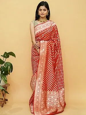 Red Banarasi Pure Katan Silk Saree with Floral Butta on Body and Vine Pattern Border