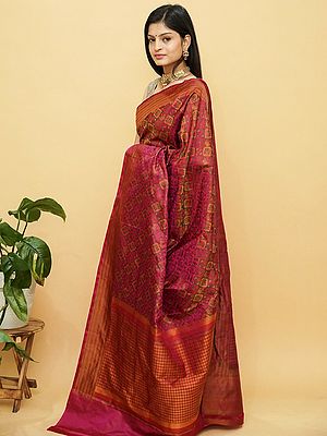 Ruby-Red Pure Katan Silk Jamawar Banarasi Saree With All-Over Meena Work