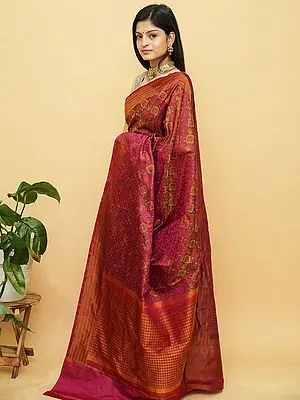 Ruby-Red Pure Katan Silk Jamawar Banarasi Saree with All-Over Meena Work