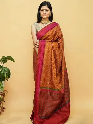 Orange-Ochre Pure Katan Silk Jamawar Banarasi Saree With Bundi Motif On Pallu