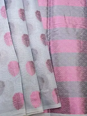 Cotton Floral Multicolor Woven Butta Motif Banarasi Saree with Awning Stripes Pattern