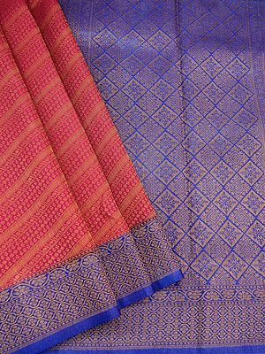 Banarasi Tanchoi Silk Antique Resham Work Saree With Stripe Pattern And Floral In Diamond Pattern