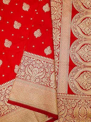 Red Katan Silk Banarasi Saree With Mughal Butti On The Body And Floral-Diamond Pattern Border