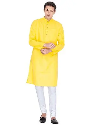Cotton Linen Blend Yellow Plain Kurta with White Churidar Pajama