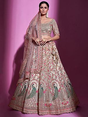 Soft Net Meena Peacock-Vine Pattern Lehenga Choli with Dori, Sequins, Stone Embroidery, And Dupatta