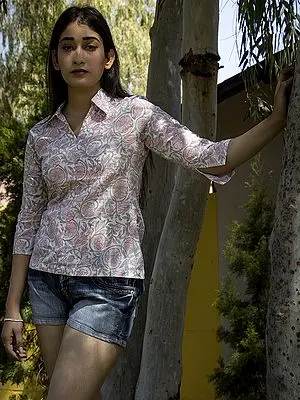 Serene-Pink Quarter Sleeve Top with Floral Pattern