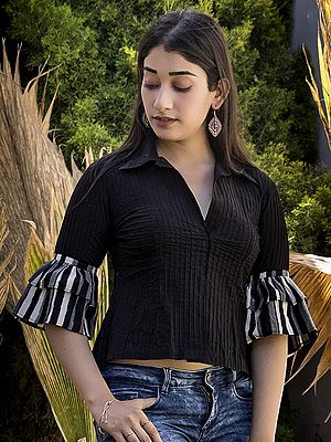 Black Cotton Pintucks Black Shirt with Ruffle Sleeve