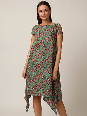 Green Side Gathers Floral Asymmetrical Hem Short Dress with Floral-Vine Pattern