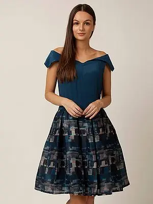 Blue Silk-Crepe Dress with Off-Shoulder Neck and Printed Skirt