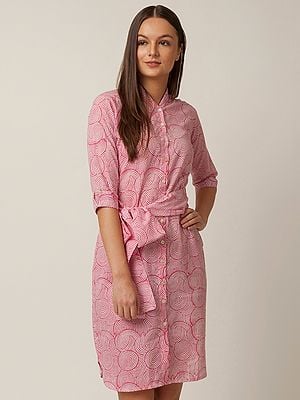 Cotton Classic Shirt Dress with Japanese Swirl Print Pattern