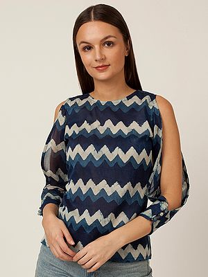 Cotton Cold-Shoulder Top With Chevron Pattern Print And Back Pintuck