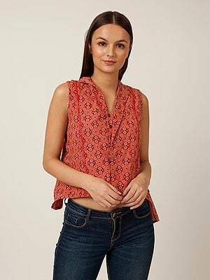 Red Cotton Chakram Motif Printed Top With Criss Cross Back