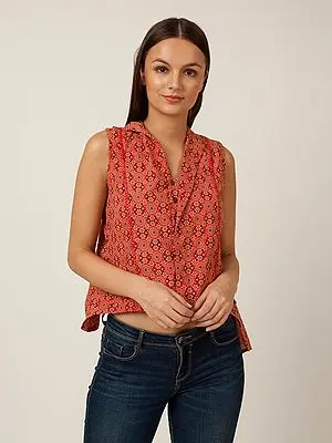Red Cotton Chakram Motif Printed Top with Criss Cross Back