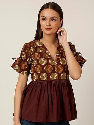 Brown Cotton Bell Sleeves Circle Pattern Peplum Style Top