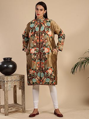 Bronze-Blue Art Silk Long Jacket With Aari-Embroidered All-Over Bold Floral Vine Pattern From Kashmir