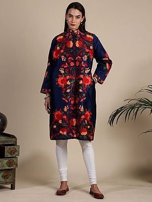 Beacon-Blue Art Silk Long Jacket from Kashmir with Aari-Embroidered Giant Leaves and Flowers All-Over
