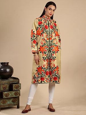 Double-Cream Art Silk All-Over Aari-Embroidered Floral Bail Motif Long Jacket From Kashmir