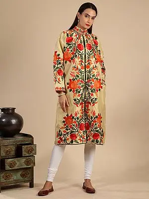 Double-Cream Art Silk All-Over Aari-Embroidered Floral Bail Motif Long Jacket from Kashmir