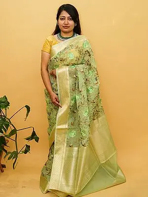 Organza Silk Banarasi Saree with Rose Vine Motif & Diamond Pattern Pallu