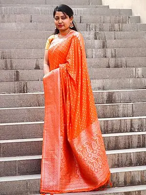 Banarasi Pashmina Silk All-Over Leaf Butti Saree with Kalka Motif Tassel Pallu