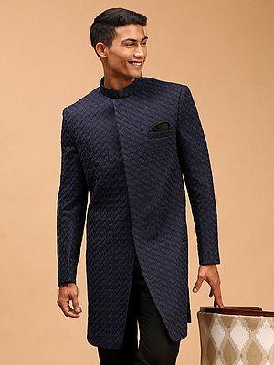 Navy-Blue Silk Blend Jacquard Weave Sherwani Only Top