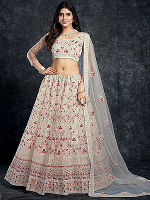White Butterfly Net Meena Floral Jaal Pattern Lehenga With Sequins Embroidery and Dupatta