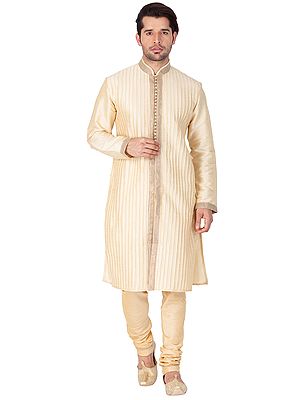 Cotton Blend Front Placket Pintex Kurta With Churidar Pajama