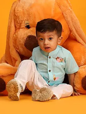 Cotton Blend Half Sleeve Kurta with Embroidered Patch on Pocket and White Pajama