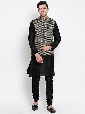 Silk Blend Kurta Pajama With Jacquard Weave Modi Jacket