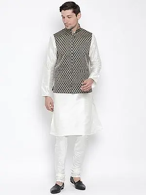 Silk Blend Kurta Pajama with Jacquard Weave Modi Jacket