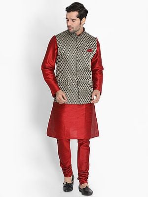 Silk Blend Kurta Pajama with Jacquard Weave Modi Jacket