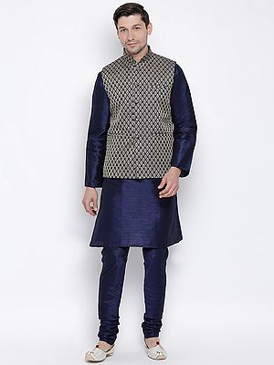 Silk Blend Kurta Pajama with Jacquard Weave Modi Jacket