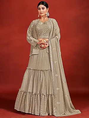 Beige Georgette Sequins-Mirror Embroidered Ruffle Lehenga Choli And Dupatta With Desinger Jacket