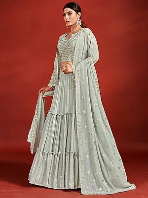 Sage-Green Georgette Ruffle Lehenga Choli With Jacket-Dupatta And All-Over Sequins-Mirror Embroidery