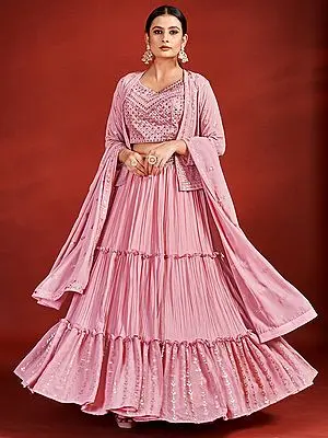 Pink Ruffled Georgette Sequins-Mirror Embroidered Lehenga Choli And Dupatta With Laddi-Butti Motif Jacket