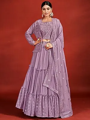 Lilac Georgette Sequins-Mirror Work Lehenga Choli And Dupatta With Leaf Vine Pattern Desinger Jacket
