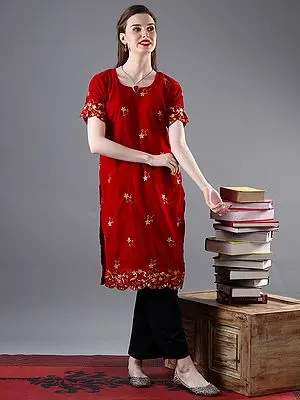 Crimson-Red Flower and Sequins Embroidered Velvet Kurti with Scalloped Hem