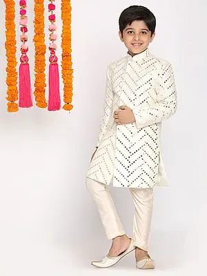 Cream Silk Blend Mirror Work Zig-Zag Pattern Sherwani With Viscose Pajama