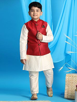 Viscose Cream Kurta Pajama With Silk Blend Ogee Pattern Modi Jacket