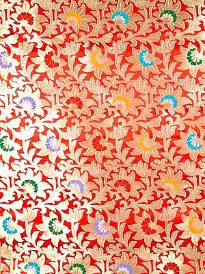 Red Floral Brocade Fabric Hand-woven in Banaras